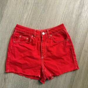 Topshop Red High-Rise Denim Shorts